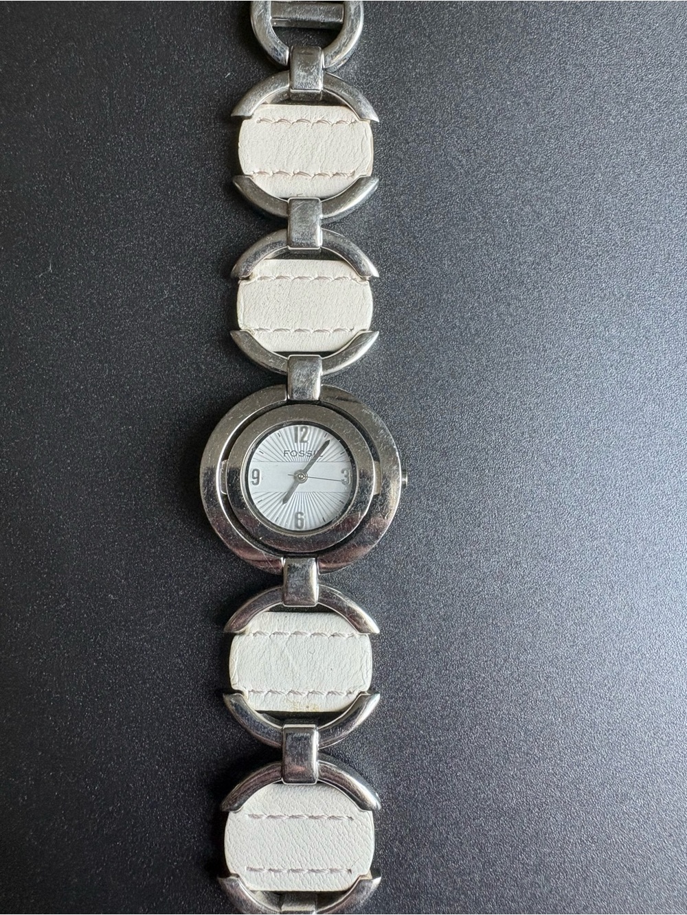 Fossil Silver Tone Watch with White Leather-Link Accents